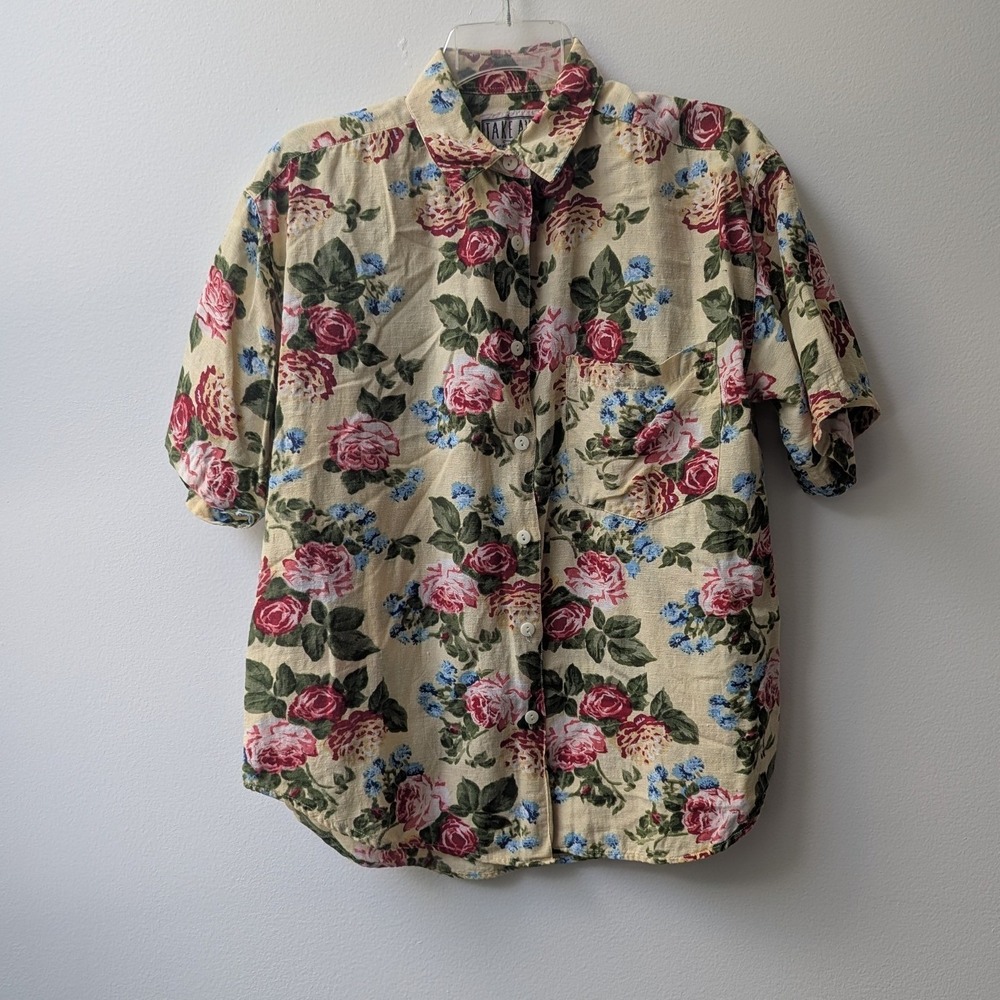 Vtg 90s Button Up Shirt Tan Pink Floral Linen Blend Md Cottagecore Grandmacore